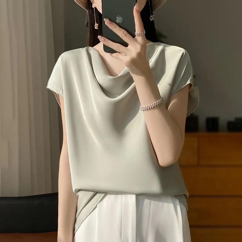 Women's Cowl Neck Satin Short Sleeve Blouse