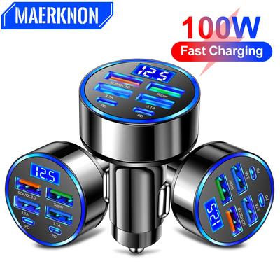 Billaddare Totalt 100W Supersnabb laddning 6 i 1 Multi-ports spänning bil med fordons digital display Mobil biltelefonladdare