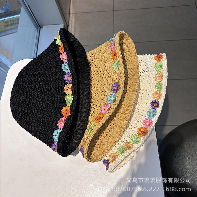 New hand-woven color small flower bucket hat women's fashion face small sunshade bucket hat sunscreen basin hat