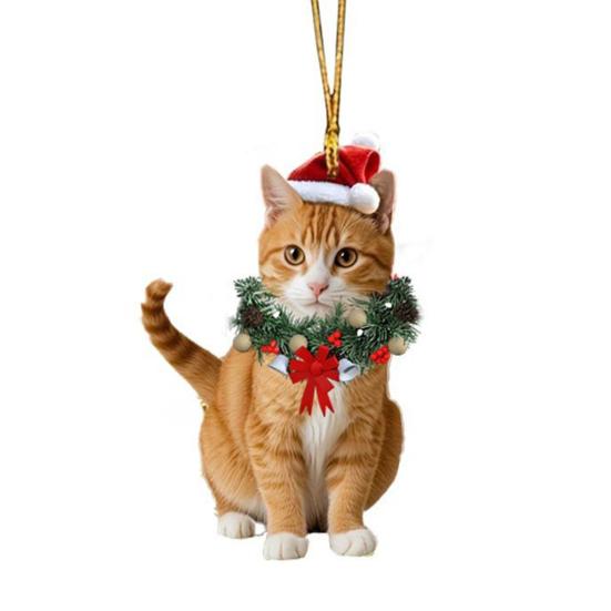 Christmas Pendant 2D Acrylic Cat Wearing Xmas Wreath Charm Car Hanging Ornament Home Office