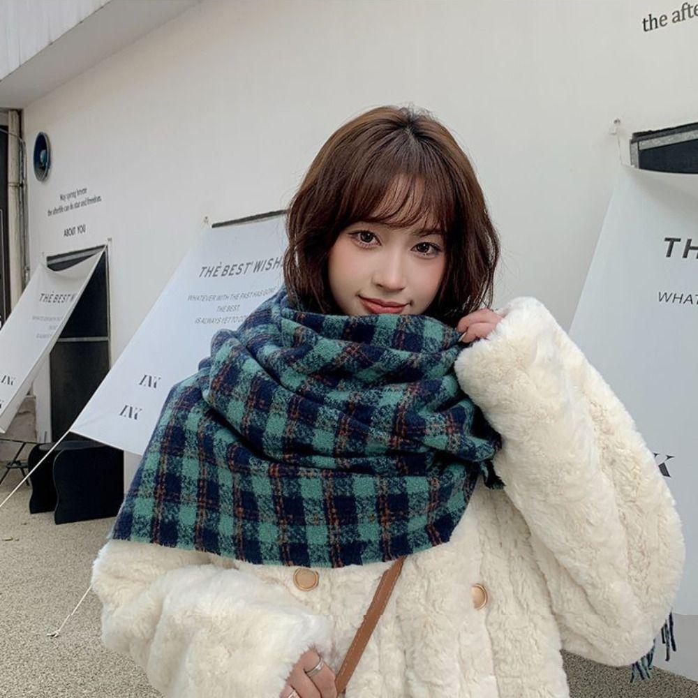 Tassel Plaid Wool Scarf Imitation Cashmere Long Shawl Retro Winter Cashmere Scarves  Autumn