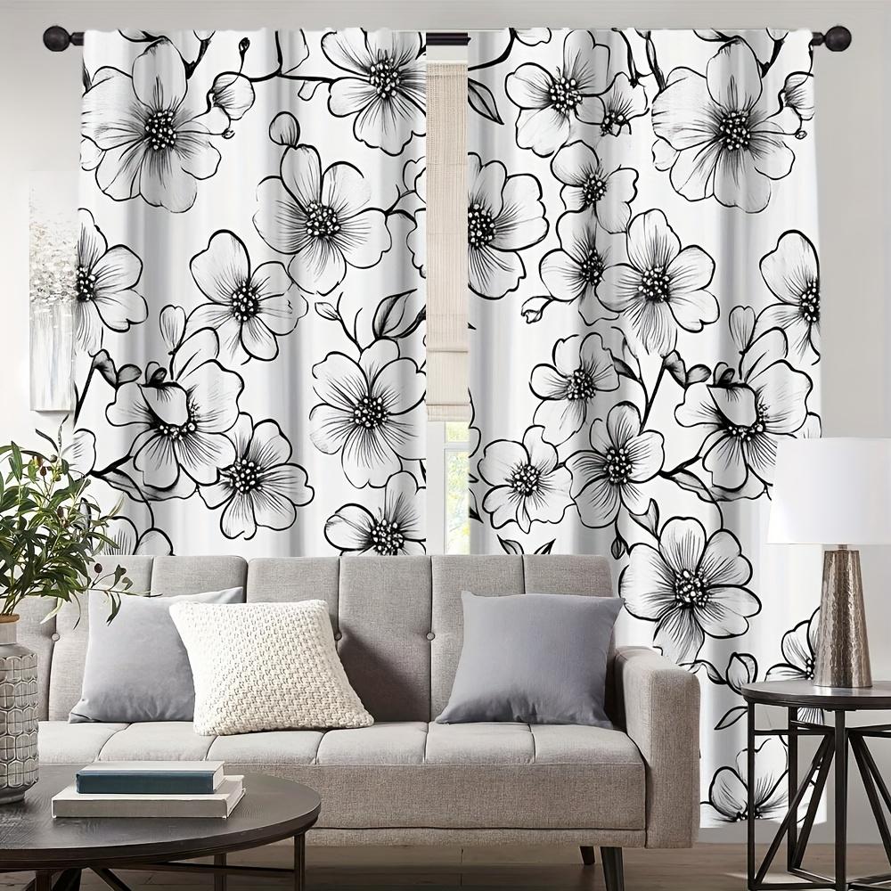 Cortinas Estampadas Florales Blanco y Negro Tejido de Poliéster Adecuado Decoración de Dormitorio Sala de Estar Juego de Cortinas de 2 Piezas Lavables Listas para Usar