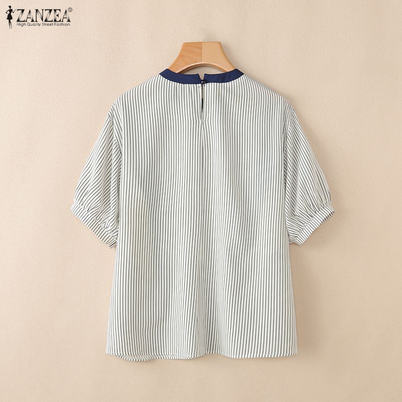 ZANZEA Women Casual Round Neck Stripe Print Loose Short Sleeve Blouse