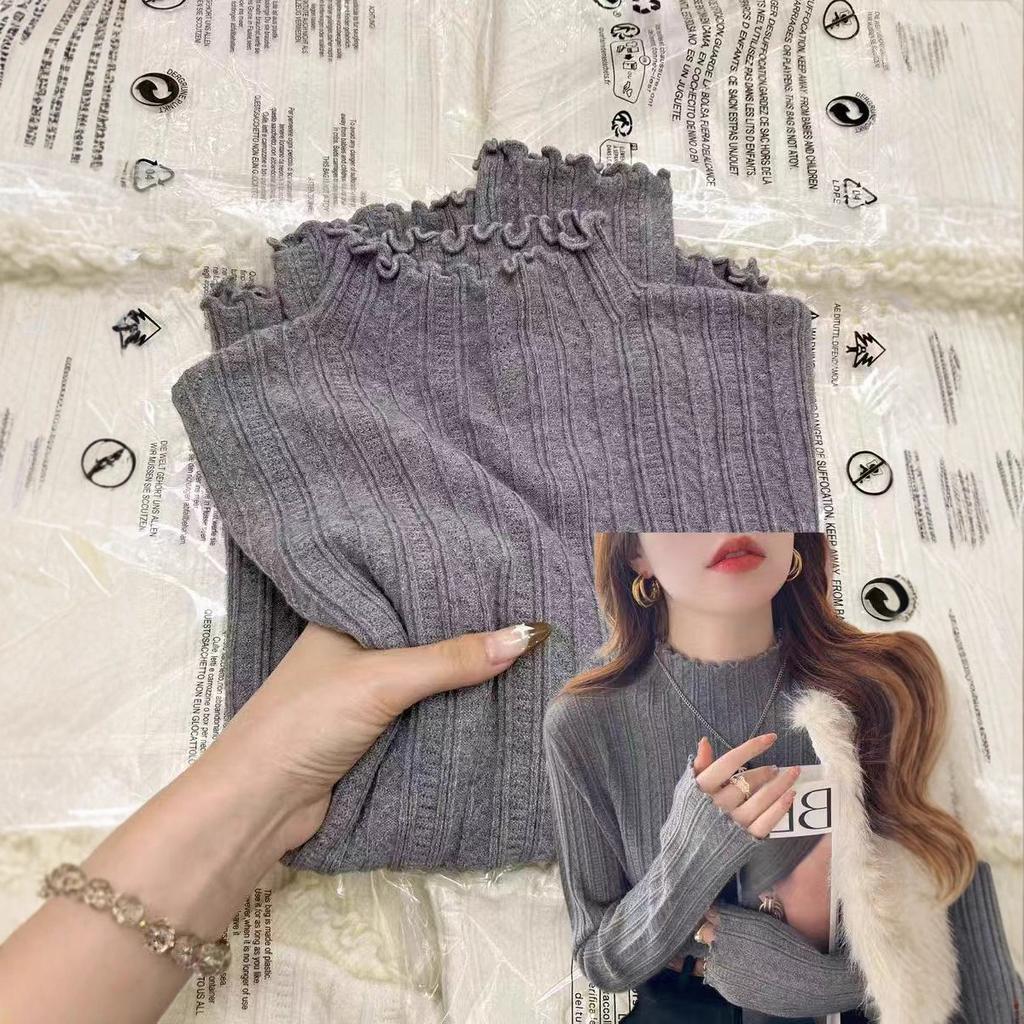 Korean Autumn and Winter New Fungus Lace Solid Color Long-sleeved Knitted Pullover Women's Basic Knitted Bottoming Shirt