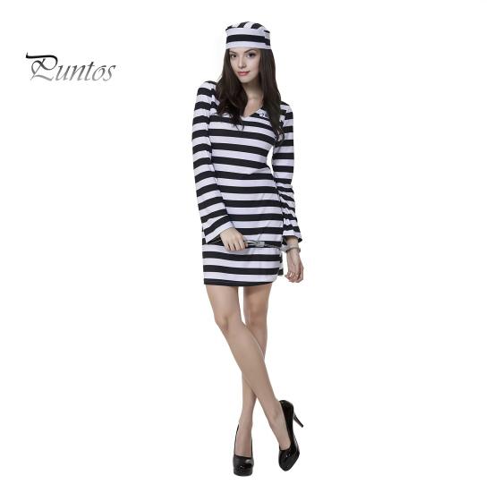 Prisoner Costume with Cuffs for Adult, Women Striped Mini Dress, Men Top Themed Party Costumes Pants, Halloween Dress-Up Jail Inmate Uniform