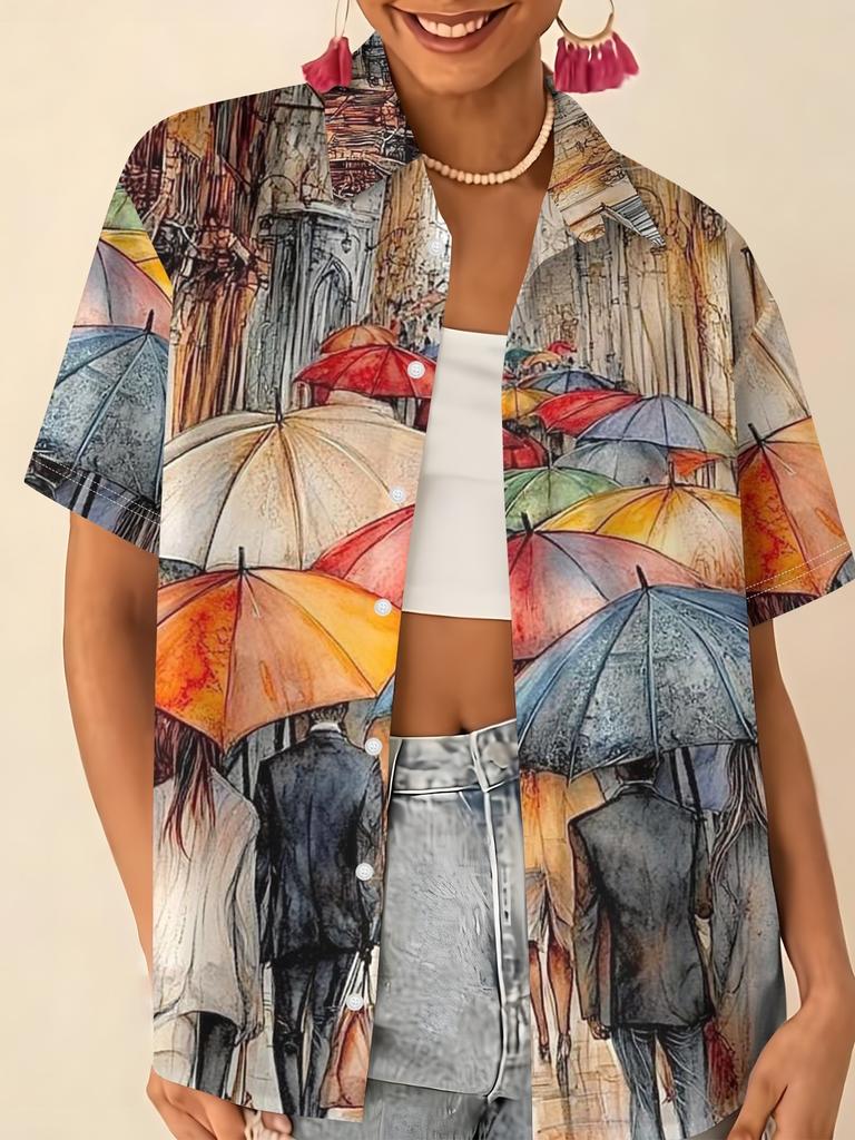Love printed short-sleeved shirt women's summer loose casual lapel shirt retro niche top
