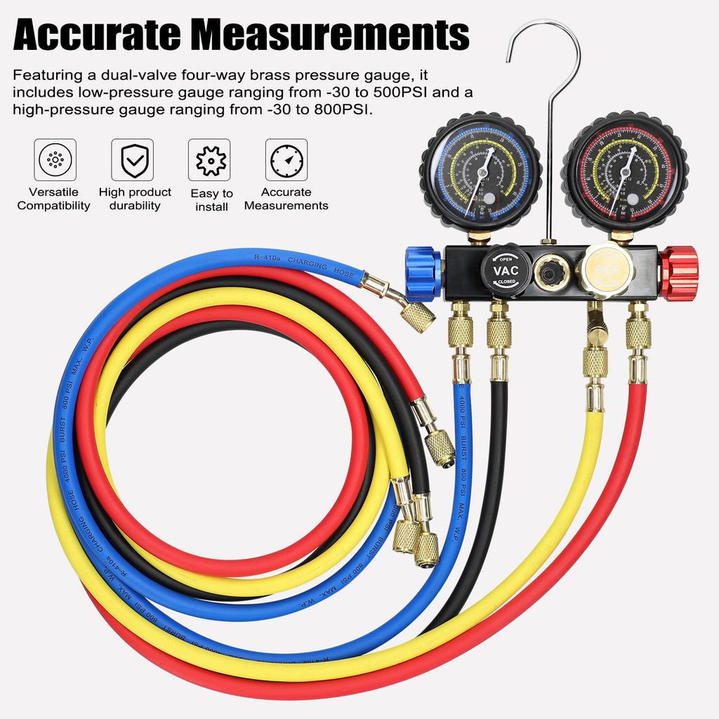 Manifold Gauge Set Air Conditioning Refrigerant Charging Tool 4 Way Dual Value Pressure Gauge with 5ft Hose Brass Quick