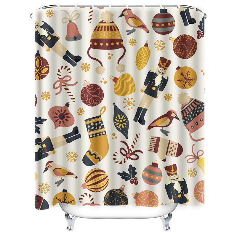 TU Christmas Shower Curtain Festive Holiday Decor Merry Xmas Pattern Bathroom Fabric Backdrop Waterproof Vintage Style Home Deco