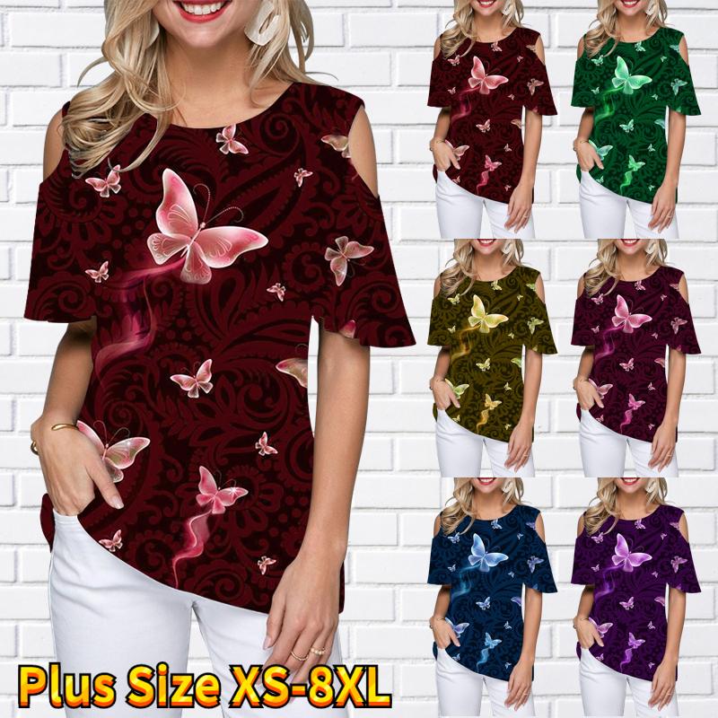 

2023 женский летний пуловер большого размера с цветочным принтом, футболка с круглым вырезом и открытыми плечами, уличный повседневный пуловер с короткими рукавами