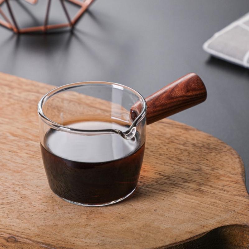 50/100ml Wooden Handle with Scale Glass Coffee Measuring Cup Espresso Milk Latte Transparent Single Mouth Kitchen Coffee Mug