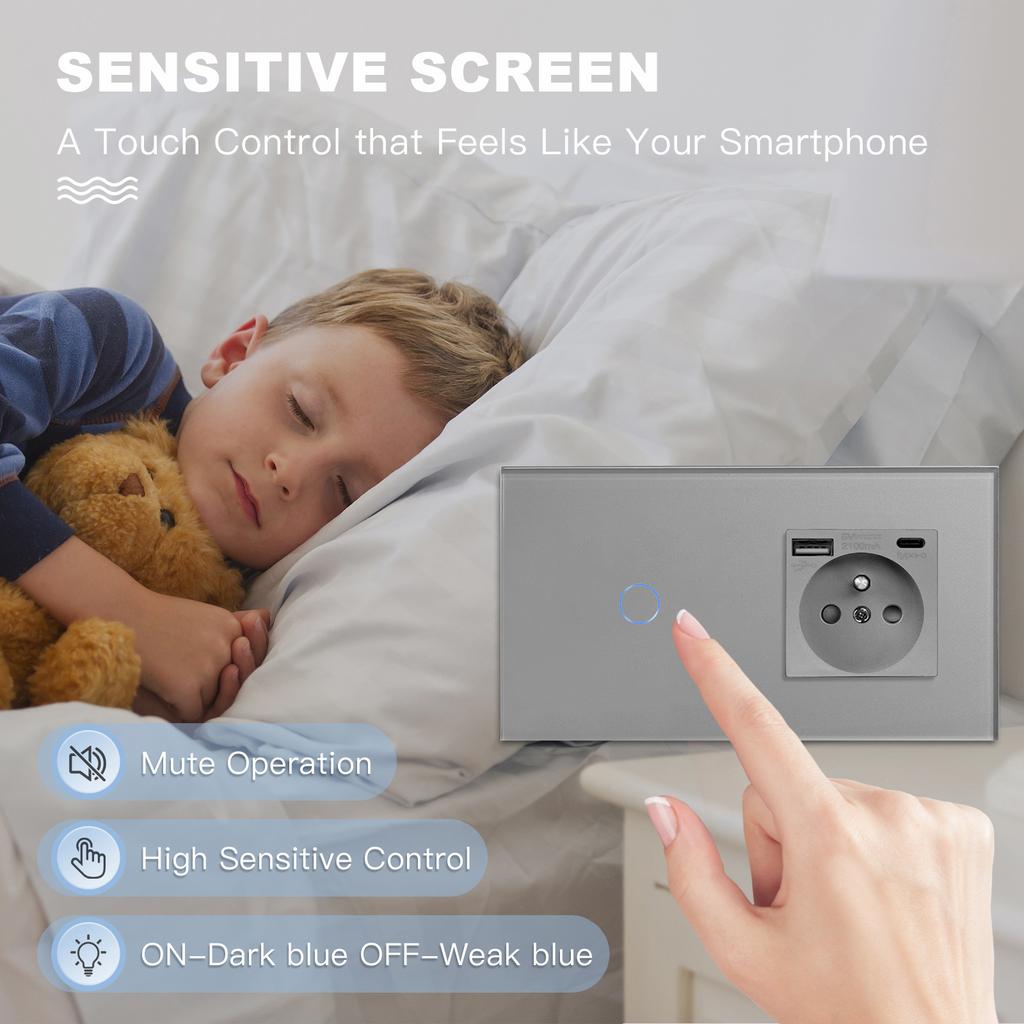 BSEED 1/2/3Gang Touch Light Switches 1Way Sensor Switch With Type-C USB French Wall Sockets Glass Panel Blue Backlight Gray