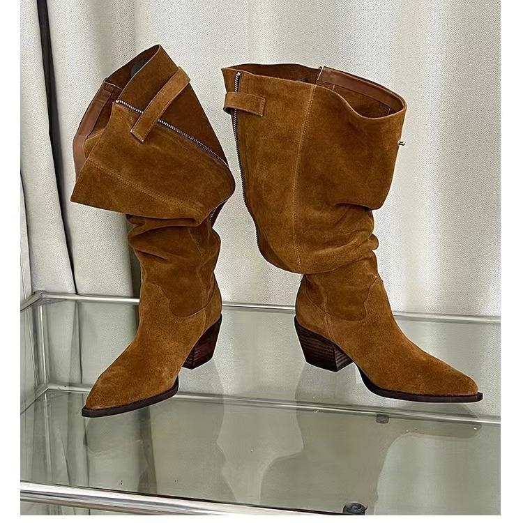Winter Fashion Women High Boots Suede Pointed Toe Shoes Designer Mid Heels Chelsea Boots 2026 Trend New Gladiator Zapatos Femme
