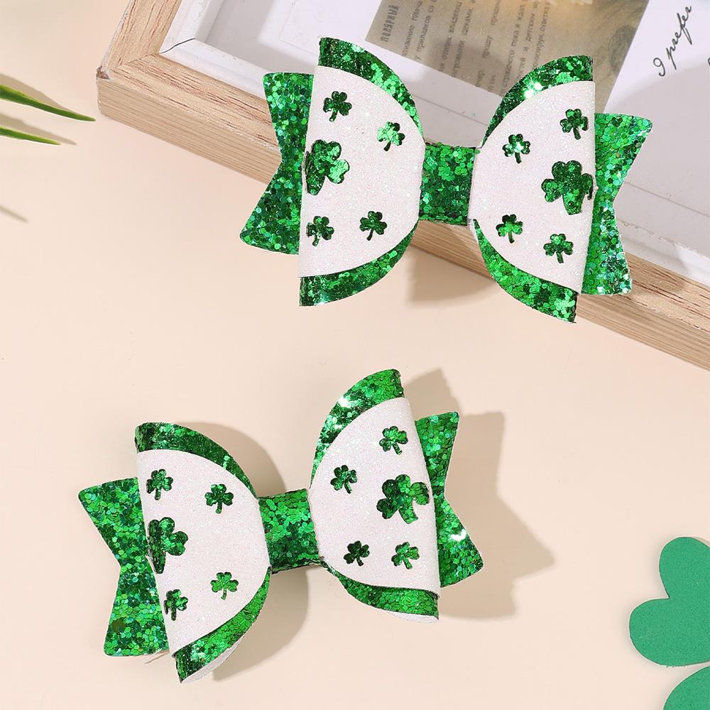 2Pcs Easter Clover Bow Hair Clip Sparkly Green Sequins Barrette Glitter Spring Shamrock Haipins Hair Accessories Headwear