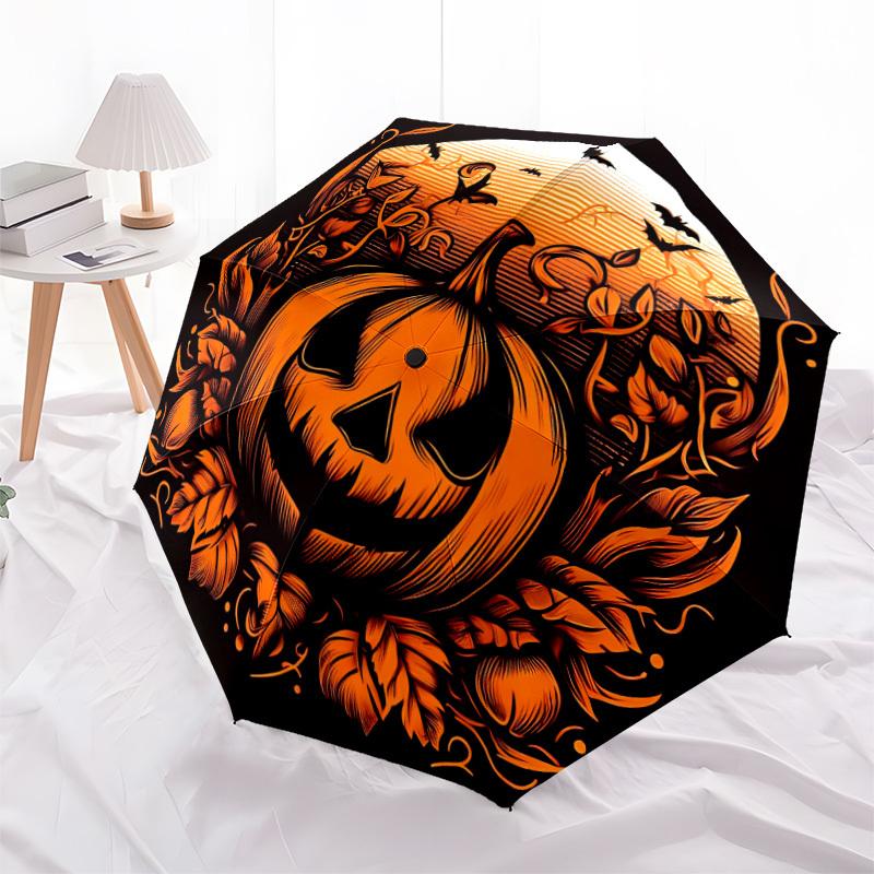 1pc Pumpkin Halloween Automatic Folding Umbrella Compact Lightweight Travel Umbrella with 8-Rib Sturdy Frame, Windproof & Self058