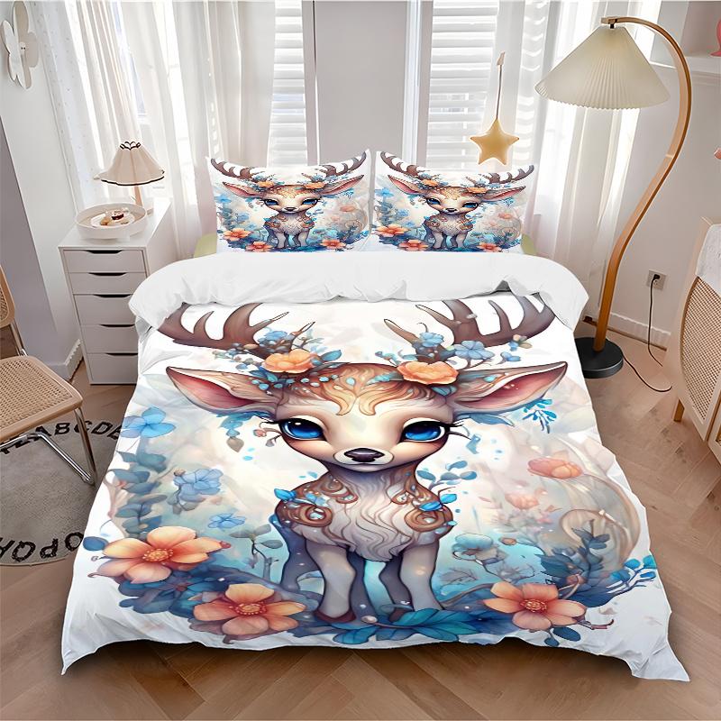 3pcs Pretty Reindeer Art Printed Quilt Set - Includes 1 Quilt Cover and 2 Pillowcases, Machine Washable - Suitable for All Seasons.M088