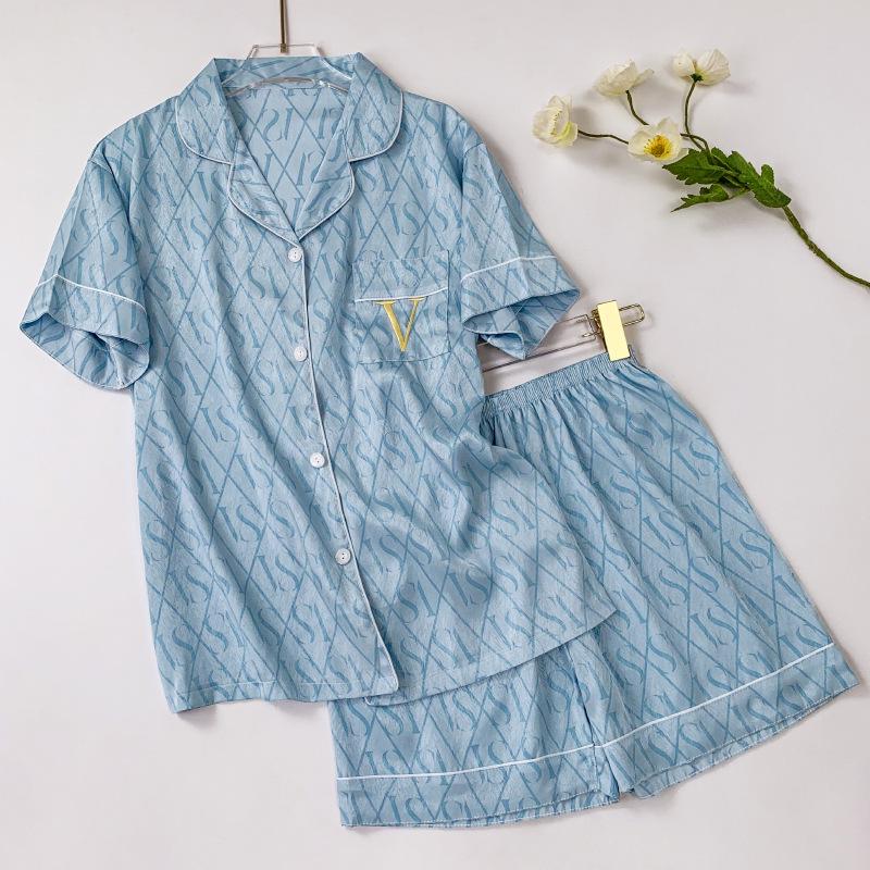 Women's Summer Short Sleeve All-Over Print Heart Ice Silk Pajama Set - Sweet & Wearable Outside