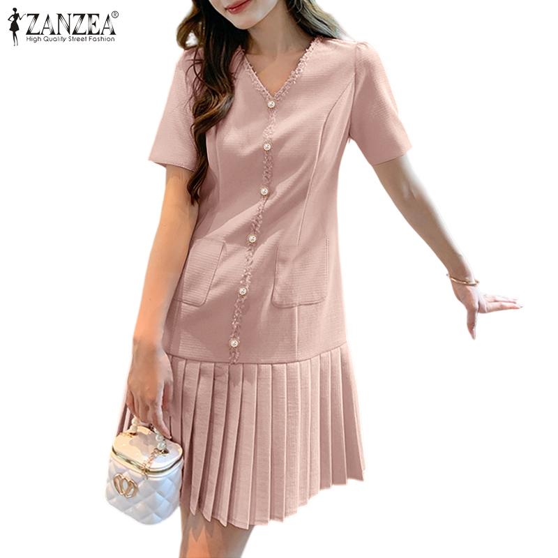 ZANZEA Women Summer Casual V-Neck Solid Color Short Sleeve Dress