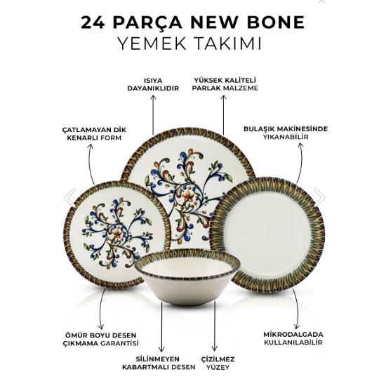 24 Parça 6 Kişilik Barok Bahar New Bone Porselen Yemek Takımı - Çorba Servis Yemek Tabağı Seti