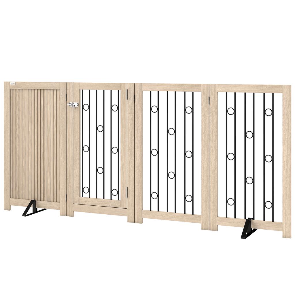 4 Panel Freestanding Pet Gate, Indoor Dog Barrier with Lockable Door, Support Feet, 360 Degrees Flexible Hinges, Oak