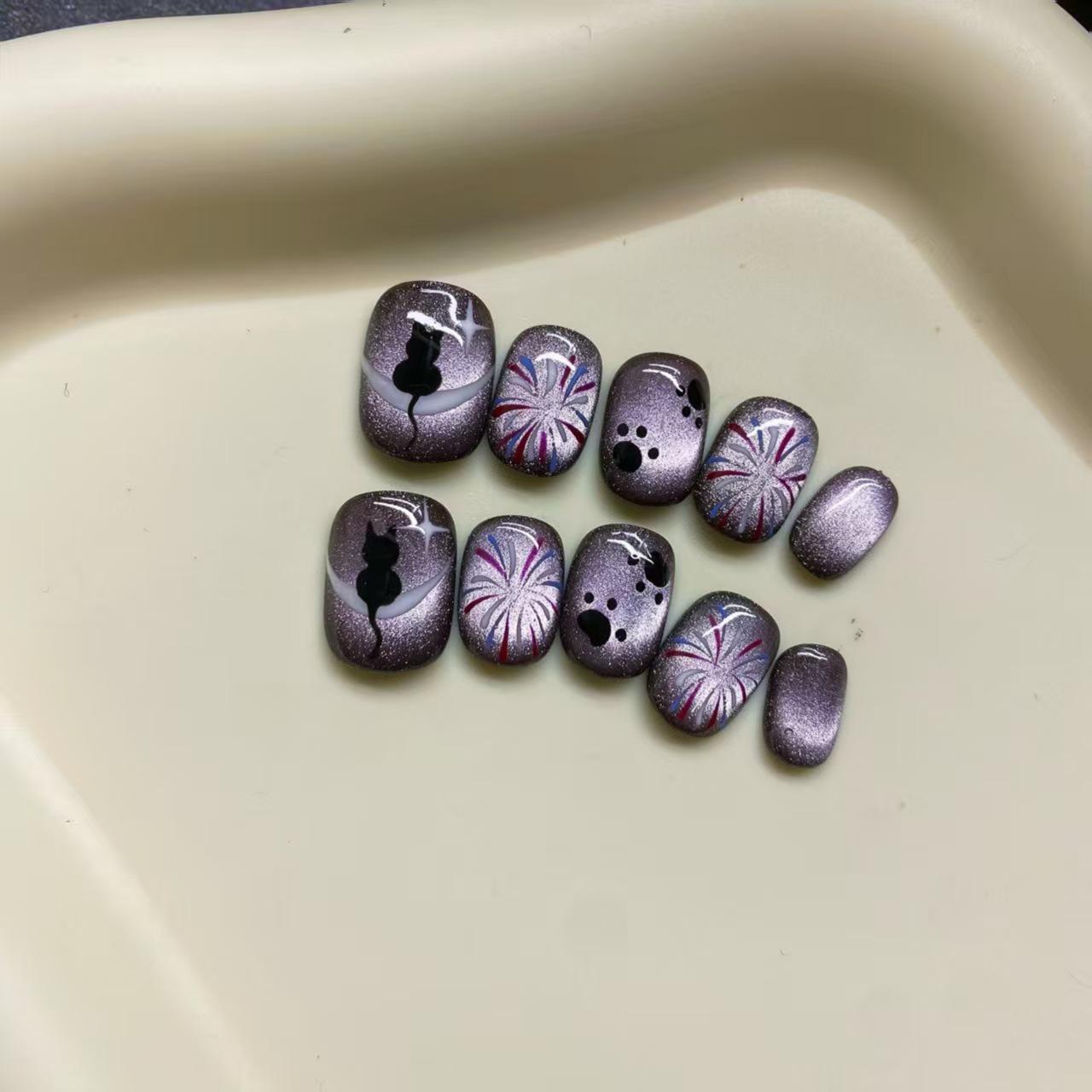 Hand-Painted Purple Starry Sky Cat Eye Nails – Short Press-Ons Medium