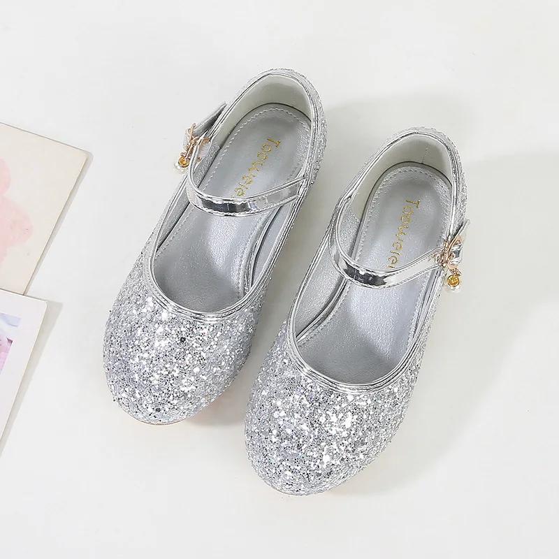 Princess Girls High Heels Spring Autumn Children Wedding Dress Leather Shoes Causal Versatile Glitter Sequins Kids Single Shoes