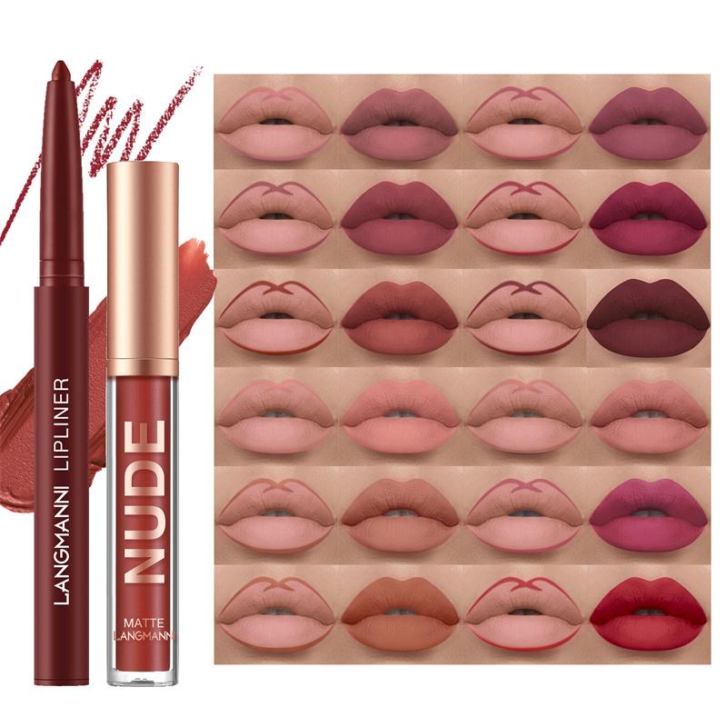 2-teilige Kombination aus Lippenkonturenstift und Lipgloss, wasserfest, langanhaltend, samtig, nackt, sexy, nicht klebender, matter Lippenstift, Lippenkonturenstift