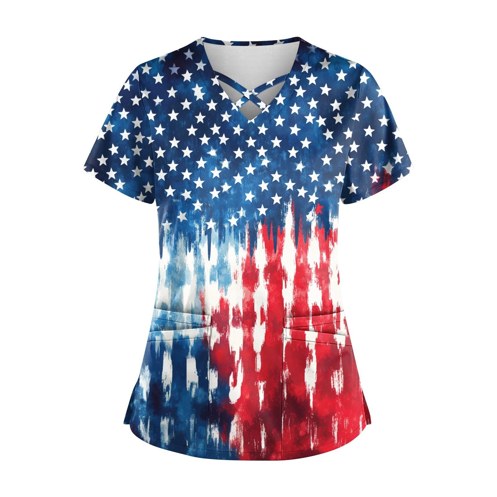 

Women s Short Sleeve Stagger V Neck Print Pocket Dry- Top M синий