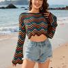 Spring/summer New Women's Pullover Patchwork Short Sleeve Crewneck Striped Knit Bikini Beach Cover-up