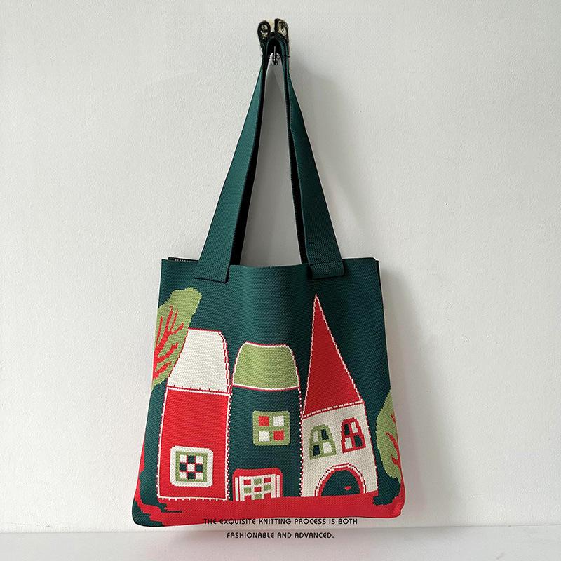 

Вязаная сумка в корейском стиле с изображением замка из мультфильма большой емкости - универсальная повседневная женская сумка через плечо темно-зеленого