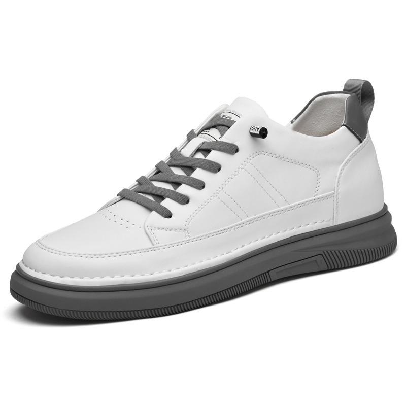 Men's Height-Increasing Platform Sneakers - Thick Sole, Cowhide White, Low-Top, Casual Sports Shoes for Spring