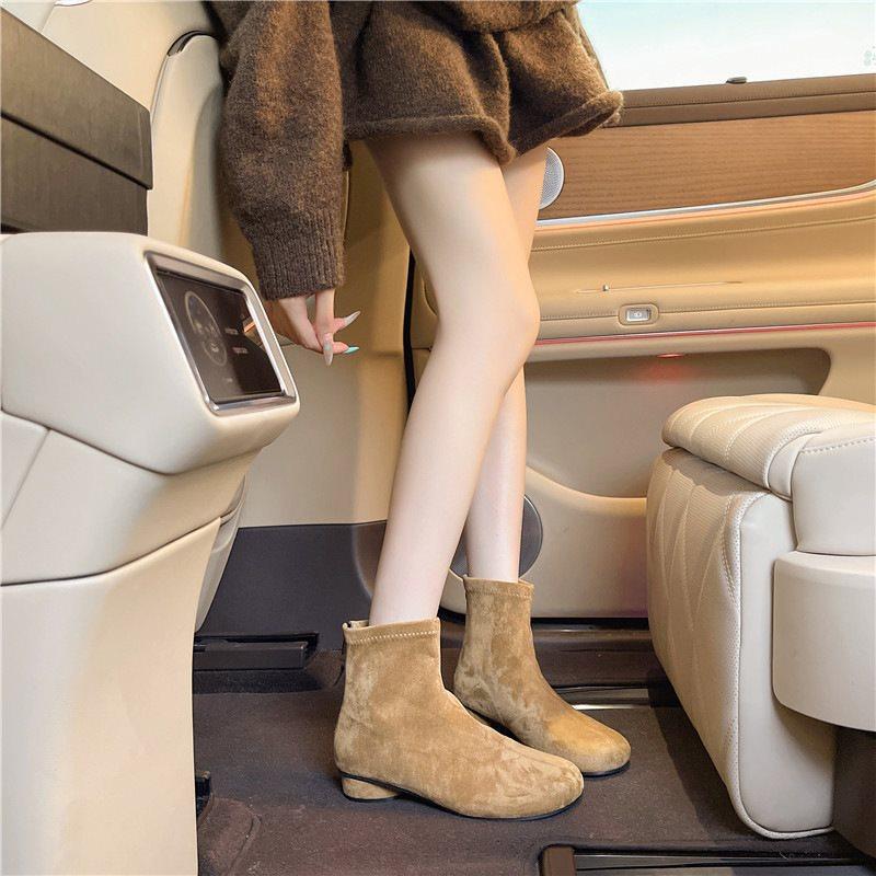 Ankle Boots Skinny Retro Martin Boots Women'S Round Head Suede Single Boots Thick Heel Short Boots Skinny Boots