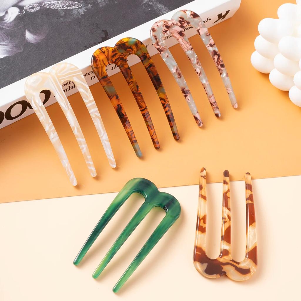 1pc Acetic Acid Hair Forks Three Teeth Hair Sticks U-Shape Hair Comb Bun Hairpin Women Girls Hairstyle Hair Accessories Headband