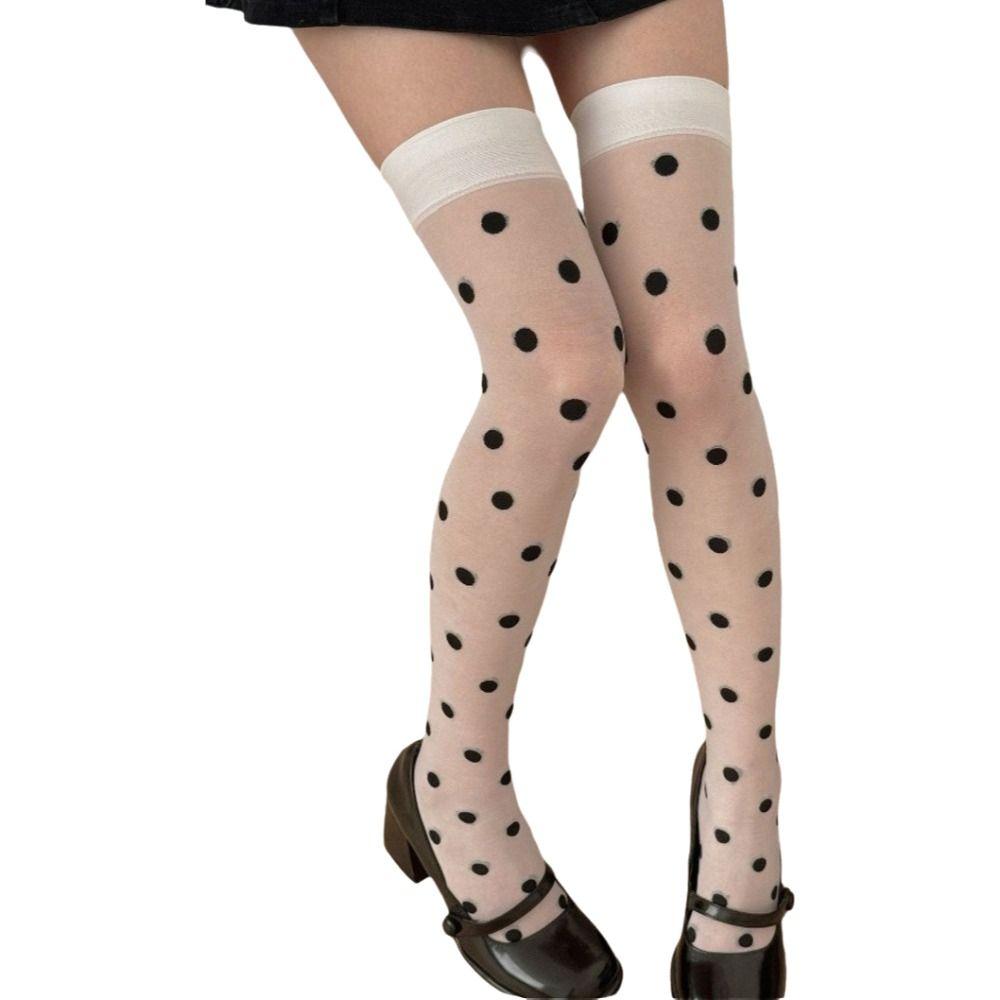 Sweet Polka Dots Thigh High Stockings Thin Slightly Sheer Suspender Stockings White Overknee Socks Women's