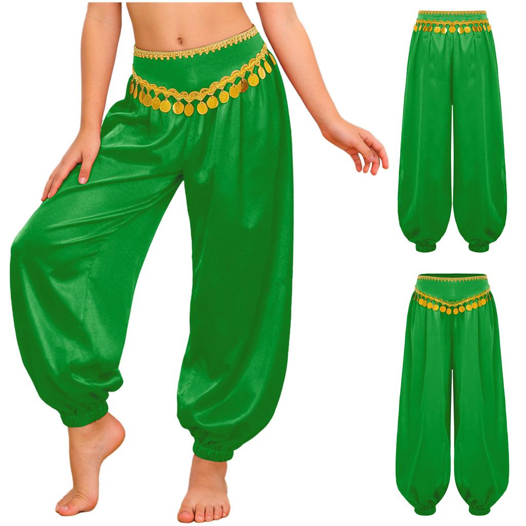 Kids Girls Belly Dance Bloomers Braid Trim Sequin Tassels Loose Pants Side Invisible Zipper for Halloween Theme Party Stage Performance