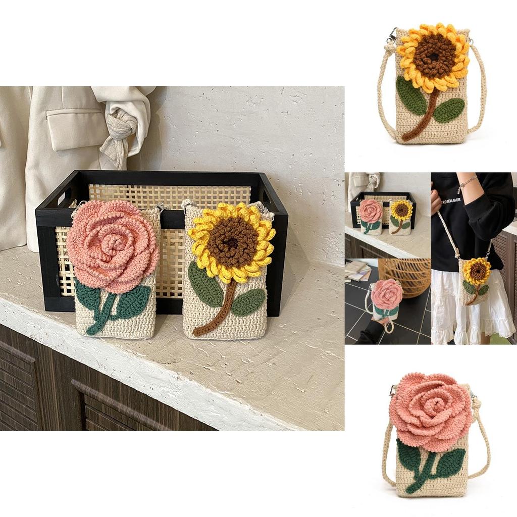Woven Sunflower Phone Bag With Flap Closure For Daily Use And Urban Style