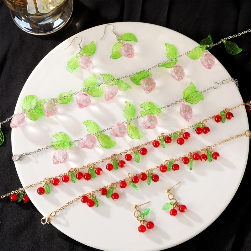 Delicate Strawberry/Cherries Necklace Bracelet Earrings Set Contemporary Acrylic Cherries and Strawberry Jewelry