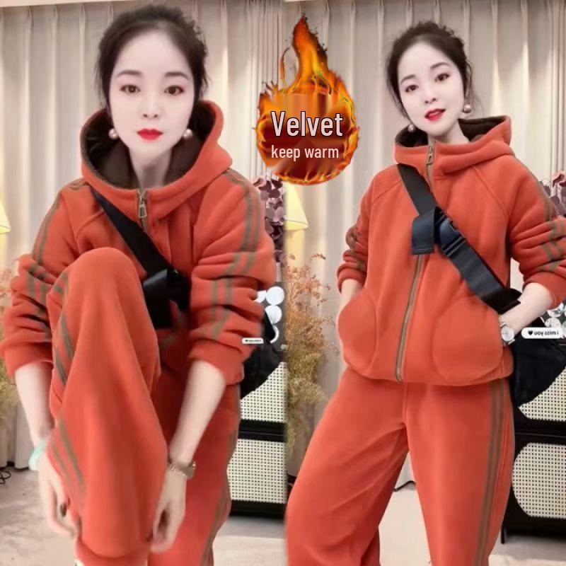 Korean High-End Casual Hoodie & Wide-Leg Pants Velvet Set 4XL оранжевый