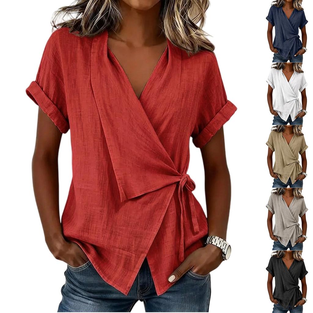 Women Short Sleeve V Neck Wrap Blouse Loose Fit Tie Front Irregular Hem Summer Casual Top