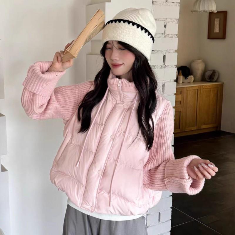 Womens Korean Style Stand Collar Knit Panel Down Jacket Short Puffer Coat 90% White Duck Loose Fit Winter