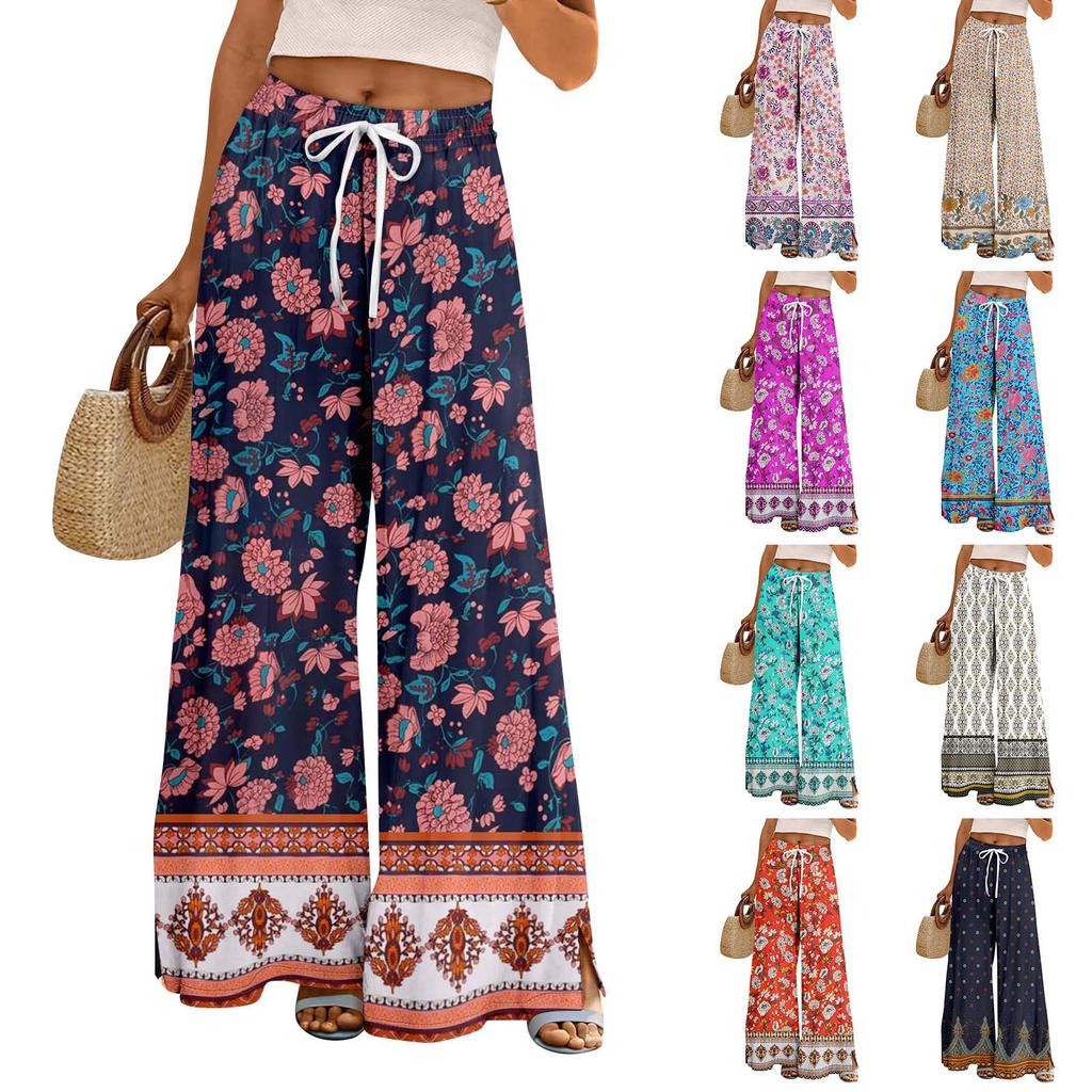 Damen Sommer Boho Palazzo Hose Hohe Taille Weites Bein Blumendruck Freizeithose Mit Taschen