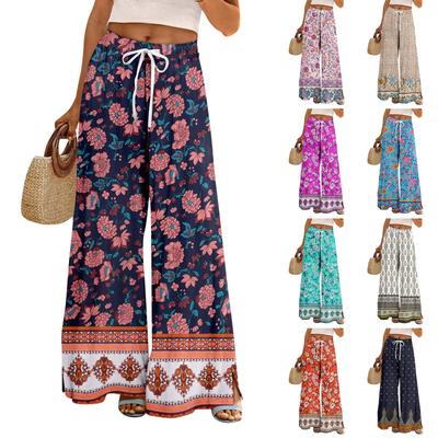 Pantalones Palazzo bohemios de verano para mujer, cintura alta, pierna ancha, estampado floral, pantalones casuales con bolsillos