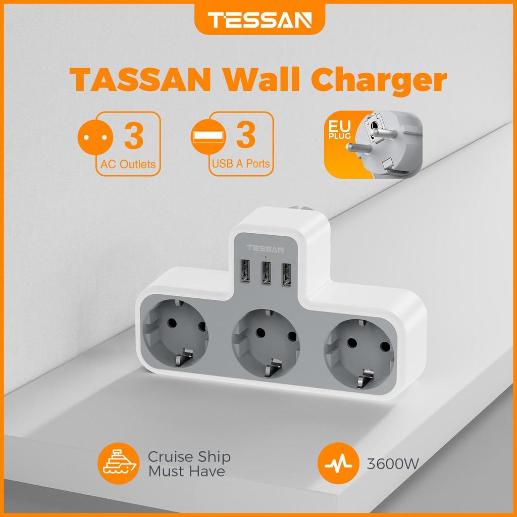 Tessan Vícenásobná nástěnná zásuvka se 3 AC zásuvkami a 3 USB porty, 6v1 USB adaptér s ochranou proti přetížení pro smartphone, tablet