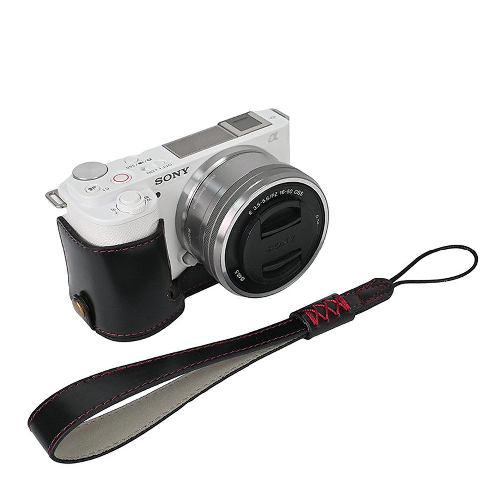 ZVE10 Ölhaut Kamera Halbtasche für Sony ZV-E10 ZVE10 PU-Leder Batterieöffnung Abdeckung mit Handschlaufe