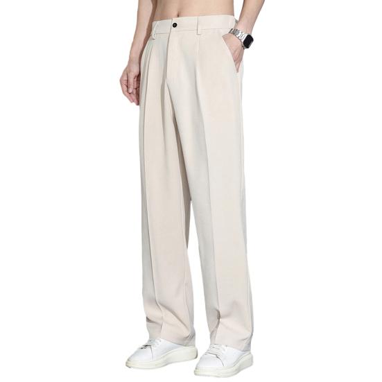Männer Eis Seide Casual Lange Hosen Elastische Taille Knöpfe Fliegen Taschen Gerade Breites Bein Drapierte Dünne Business-Hose