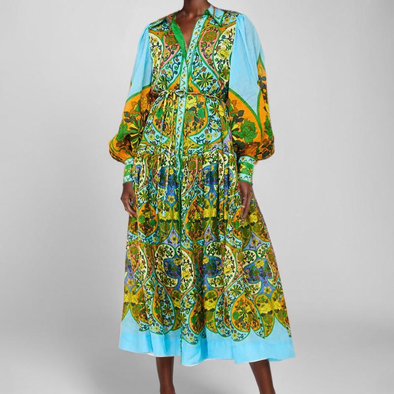 

Women s Dress With European American Court Style Printed V-neck Lantern Sleeves Large Swing L