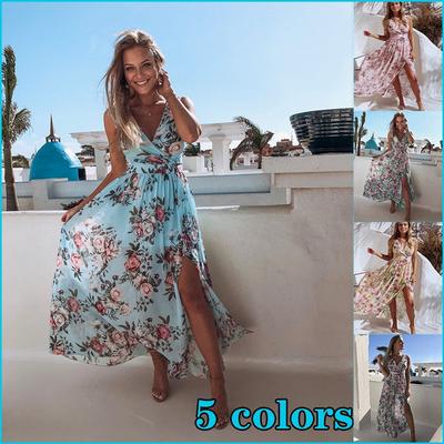 Γυναικείο φόρεμα Boho με φλοράλ στάμπα μακριά φούστα με βαθιά V λαιμόκοψη Summer Beach Party Sundress Αμάνικο μακρύ φόρεμα