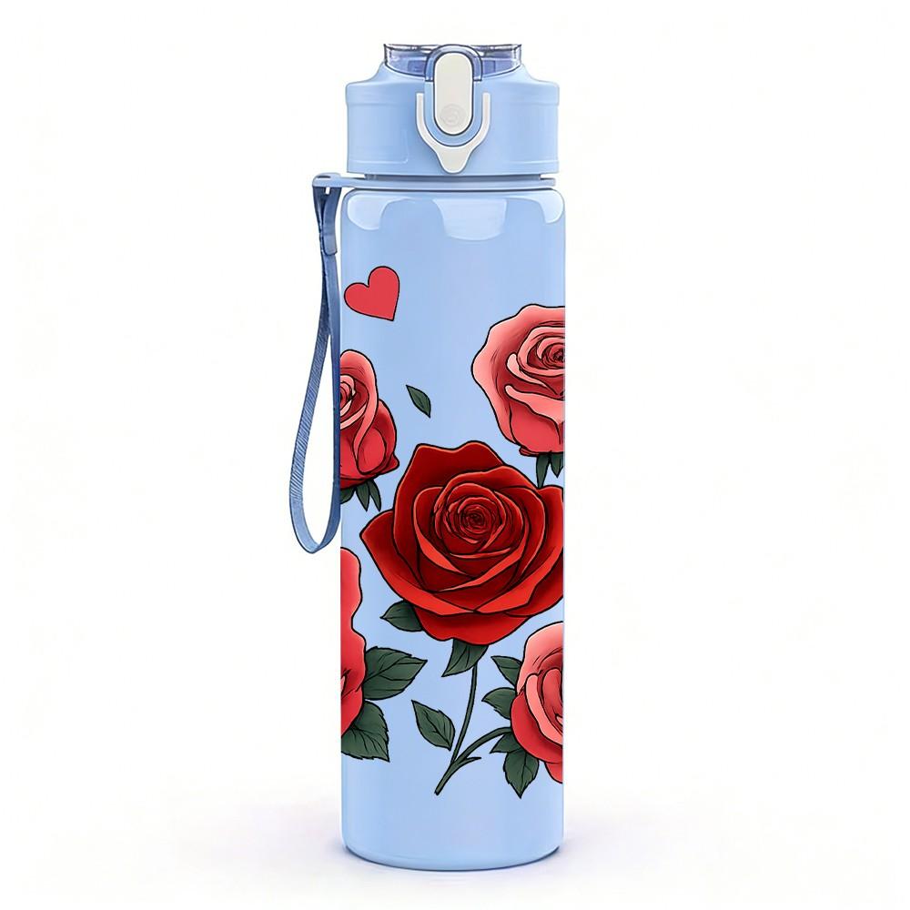 1PC Deep Red Rose Flower Bouquet Pattern 750ml Color Plastic Sports Water Bottle Leakproof Flip Straw Lid Suitable for Sports Office Home Use