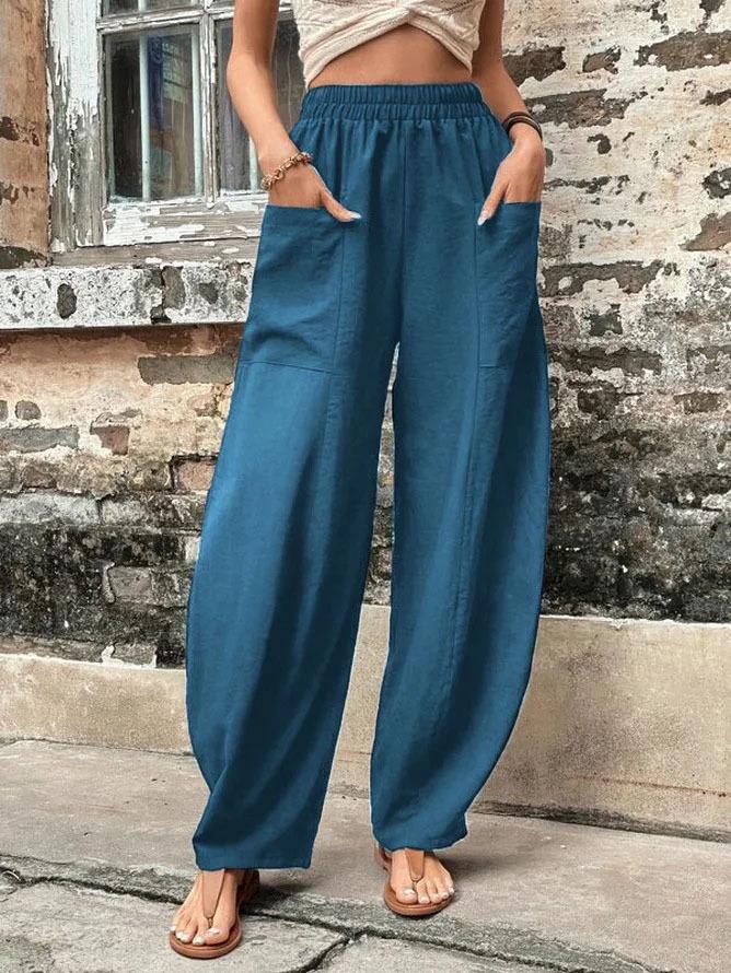Women's Solid Color Casual Pants with Pockets and Elastic Waist.