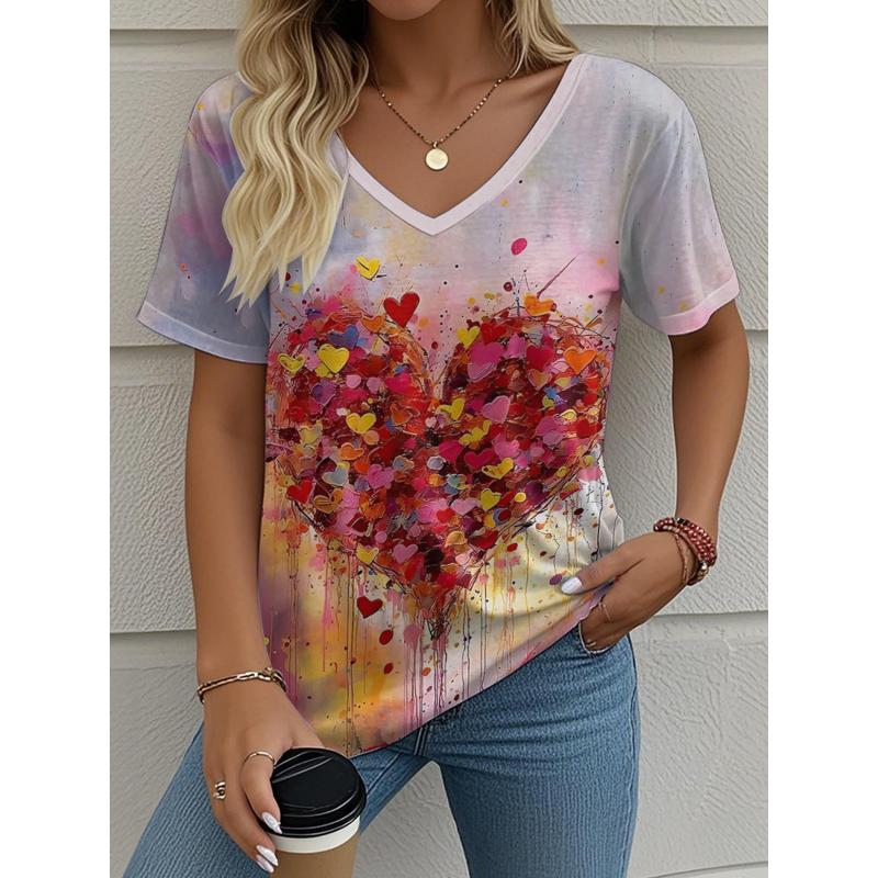 Summer Women's T-Shirt Love Printing Outdoor Retro Fashion Casual Oversized V-Neck Short-Sleeved Women's Clothing