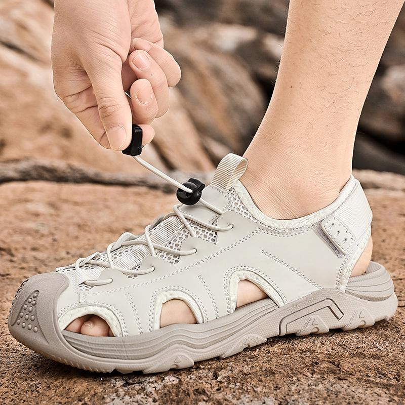 2025New Summer Outdoor Beach Breathable Casual Leather Shoes Italian Men Antiskid Round Toe Flat Designer Walking Sandal